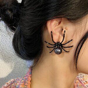 Halloween Goth Wednesday Black Widow Spider with Pearl Egg Sack Earrings NEW